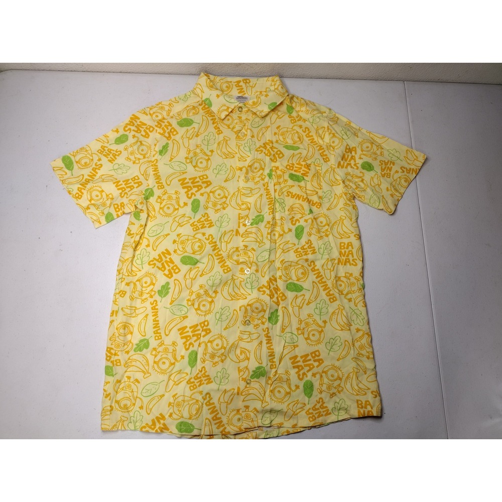 Illumination Minions Bananas Yellow Rayon Short Sleeve Button Down Shirt Kids XL